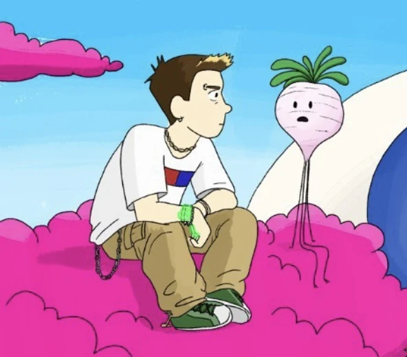 A picture of Blake sitting next to a turnip on a pink cloud